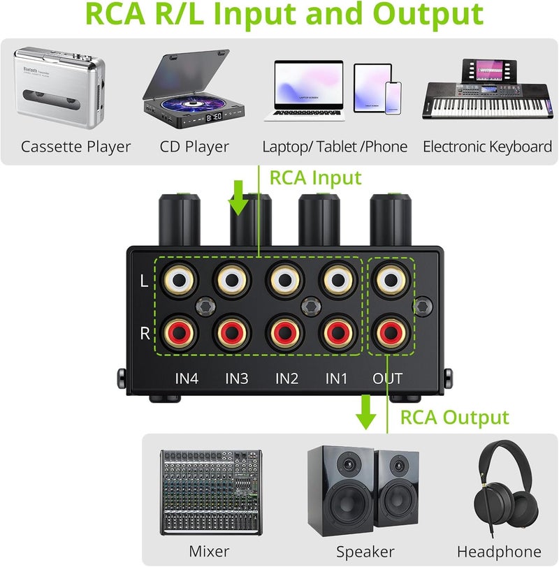 LiNKFOR 4 Channel Stereo Audio Mixer CX400 Metal Shell Support RCA Input and Output Mini Passive Stereo Mixer with Separate Volume Controls - Image 3